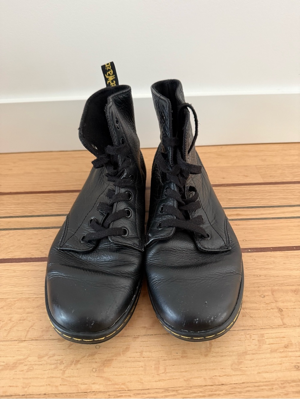 Dr. Martens Black Leather 6-Eye Lace-Up Boots with Yellow Stitching